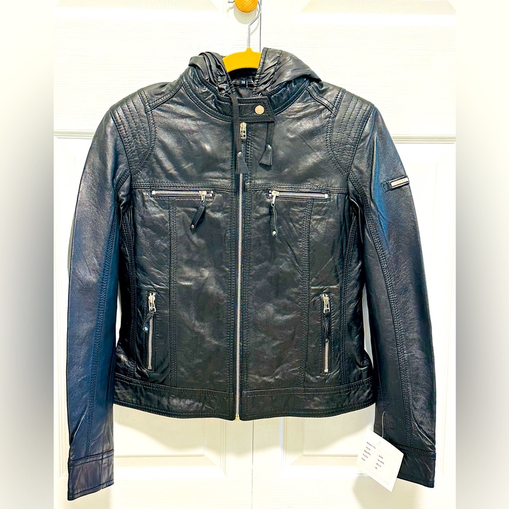 Women Leather jacket with Polyester Padded Inset with Hood.